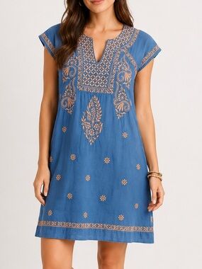 Roberta Roller Rabbit Faith Embroidered Cotton Dress Small Blue